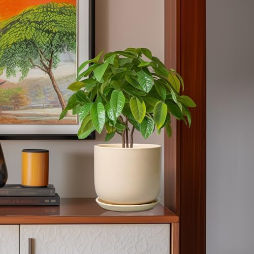 Ceramic Planter - Round Modern 8 Inch Plant Pot with Drainage Hole and Saucer for Flowers Herb, Home House Office Room Apartment Decor, Yellow - Image 2