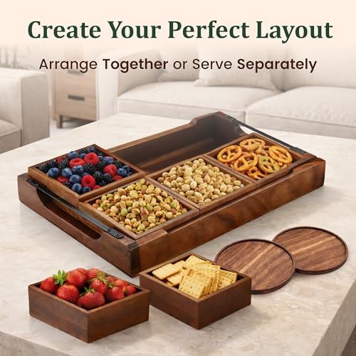 Belvi Modular Serving Tray & Coaster Set - Premium Acacia Wood | Snack Tray for Party Hosting - Trays for Serving Food, Charcuterie, Fruit Platter Tray for Parties, Appetizer & Dessert Trays - Image 5