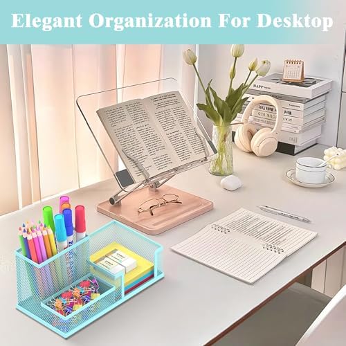 SUPEASY Mesh Pen Holder Desk Organizer, Office Supplies Pencil Storage with 3 Compartments, Office Desk Accessories and Workspace Organizers for Home School, Blue - Image 2
