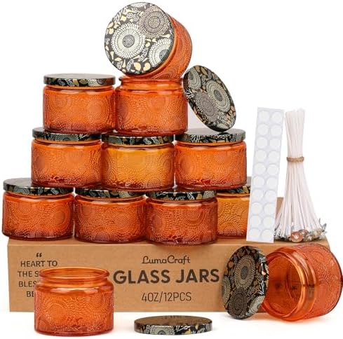 LumaCraft Luxury Embossed Glass Candle Jars for Making Candles - 12 Pack Empty Candle Containers with Airtight Metal Lids, 20 Wicks & 20 Stickers, Colored Glass Jars for Gifts & Decor-4oz by Unknown