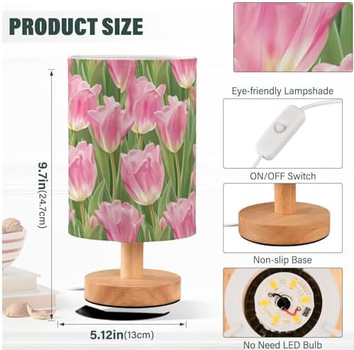 Pink Tulip Flower with Green Leaves Bedside Table Lamps with USB Port for Bedroom Lamp Accent Table Lamp Small Nightstand Lamp Sturdy Linen Shade Wooden Decorative Lamps for Kids|Reading|Dorm|Home - Image 4