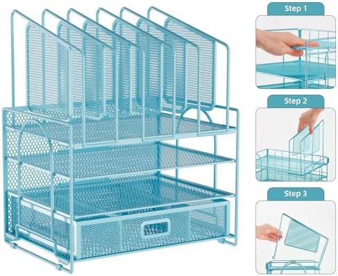 Marbrasse Desk Organizers, 4-Tier Mesh Desk File Organizer with 5 Vertical File Holders and 2 Pen Holders, Multifunction Desktop Organizer,Desk Organizers and Accessories for Home Office (Blue) - Image 7