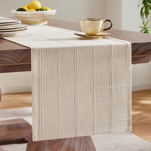 ZeeMart Linen Checked Farmhouse Table Runner, 13x108 Inches Neutral Beige - Image 4
