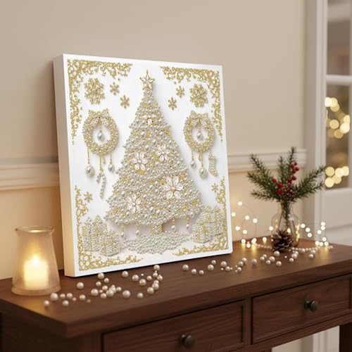 DIY Pearl Art Painting with Frame Creative Pattern Design Festival Stress-Relieving Home Wall Decoration 9.8X9.8in Tool Included-Christmas Tree - Image 4