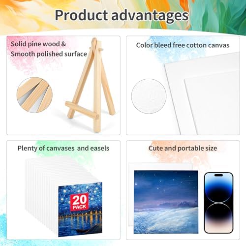 20 Pack 5.9In Canvas Boards for Painting, Art Canvas for Drawing with 10 Brushes & 5 Paint Trays, Mini Painting Canvas with Easel Set, Painting Kits for Adults Party - Image 3