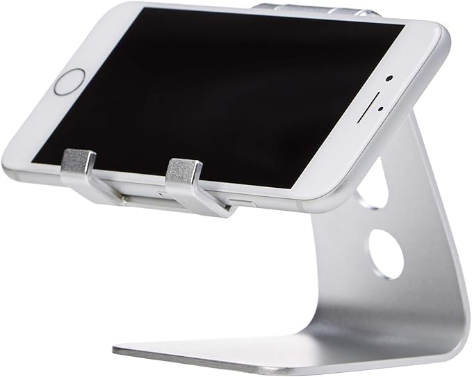 Amazon Basics Adjustable Aluminum Phone Stand for Cell Phones, iPhone and Android, 3.15 x 2.87 x 3.74 inch, Silver