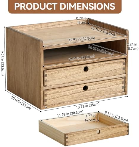 KIRIGEN Wooden Desk Organizer with 2 Drawers and Top Tray, Brown 3D2C-DBR - Image 2