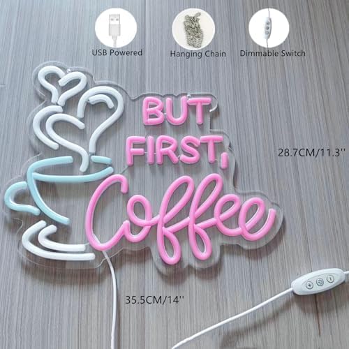 But First Coffee Neon Sign Large 5V USB Powered Acrylic Neon Lights with Dimmable Switch and Hanging Chain for Coffee Cafe Bar Party Living Room Sign Gifts 14 * 11.3inch(Pink) - Image 6
