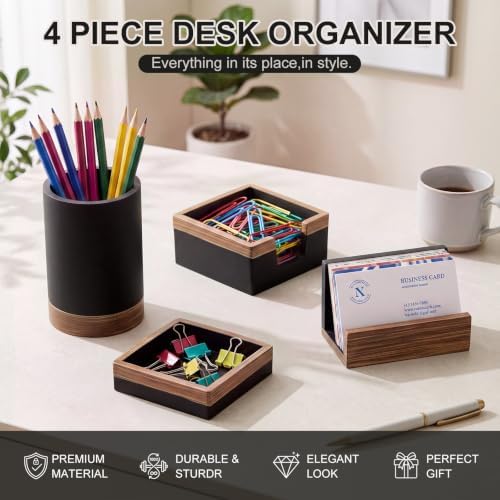 Set of 4 Modern Aesthetic Desk Accessories Organizer Set Minimalist Neutral Home Office Decor Desk Supplies for Men-Pen, Business Card Holder, Sticky Note, Paper Clip Holder (Black) - Image 4