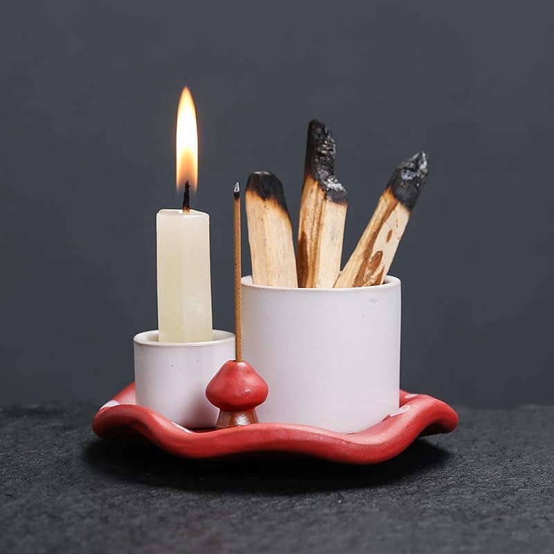 Mushroom Ceramic Incense Holder Set,4-in-1 Design for Sage, Palo Santo, Incense Sticks Candles,Red Ceramic Ash Catcher Tray for Mess-Free Meditation, Yoga and Home Decor - Image 2