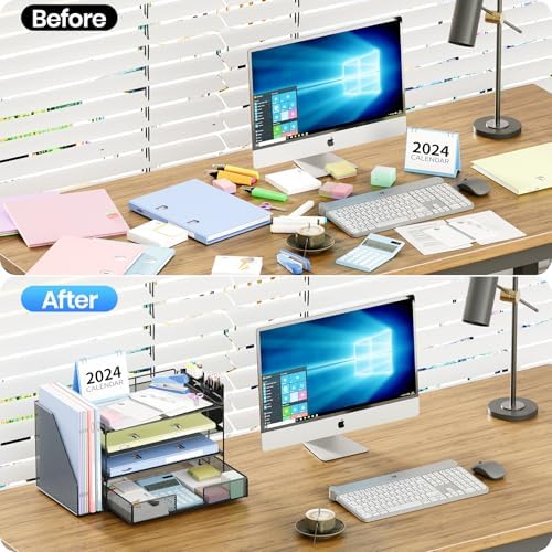 OPNICE Desk Organizer, 4-Tier Desktop File Organizer with Drawer and Pen Holders, Office Desk Accessories, File Sorters, Workspace Organizers for Office Supplies(Black) - Image 2