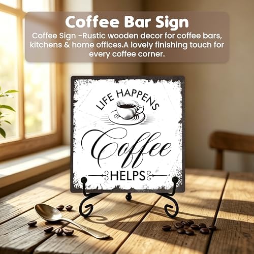 Coffee Bar Sign, Life Happens Coffee Helps Sign, Coffee and Tea Lover Gifts, 5x5 Wood Plaque with Iron Stand for Home Kitchen Cafe, Coffee Bar Decor – A08 - Image 4