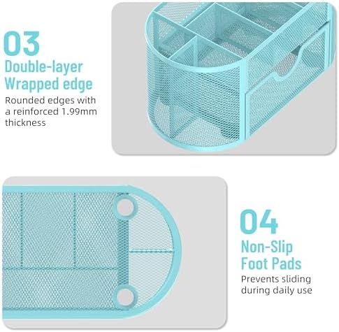 Mesh Desk Organizer with Drawer, 9-Compartment Pen Holder for Desk, Blue - Image 6
