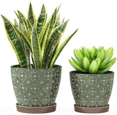 Docrin Dark Green Ceramic Planter Set - 6.6"+5.5" Indoor Outdoor Pots with Drainage Holes & Saucers for Home Office Decor by DOCRIN
