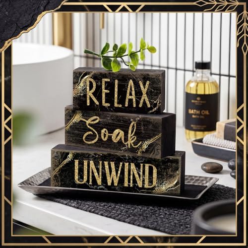 Moucuny 4 Pcs Black Gold Bathroom Signs Relax Soak Unwind Wooden - Image 3