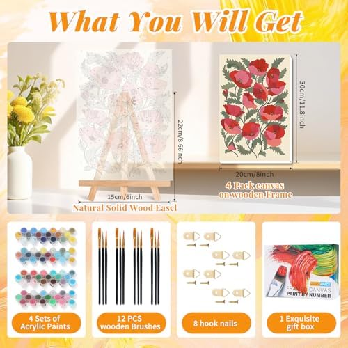 GEEHEIY 4 Pack Framed Paint by Numbers Kit for Adults, Flowers, 8 x 12 Inch - Image 3