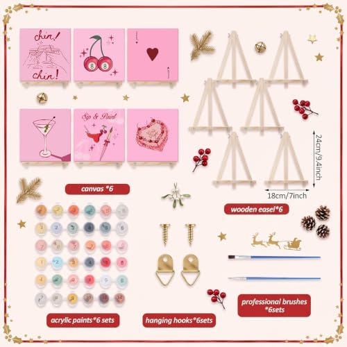YooNotee 6 Pack Paint by Numbers Kit for Adults Sip and Paint Party 8x8 Inch Canvas with Acrylic Paints Brushes & Easels, Cocktail Wine Cake Floral Themed Painting Set for Girls Night - Image 2