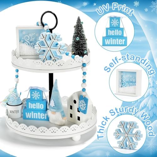 Winter Decoration for Home Office 8 PCS Blue Winter Tiered Tray Decor Set - Image 2