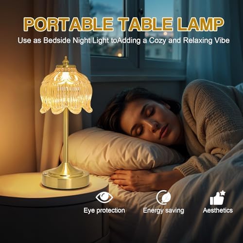 Cordless Table Lamp, Rechargeable Amber Glass Lotus Flower Lamp - Image 6