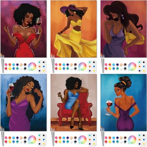 Dinifee 6 Pack Pre Drawn Canvas for Painting Pre Printed Canvas Kit 8 x 10 Inch Stretched Cotton Paint and Sip Set for Adults Couple Party Graduation Summer Date Night(Charming Lady) by Dinifee