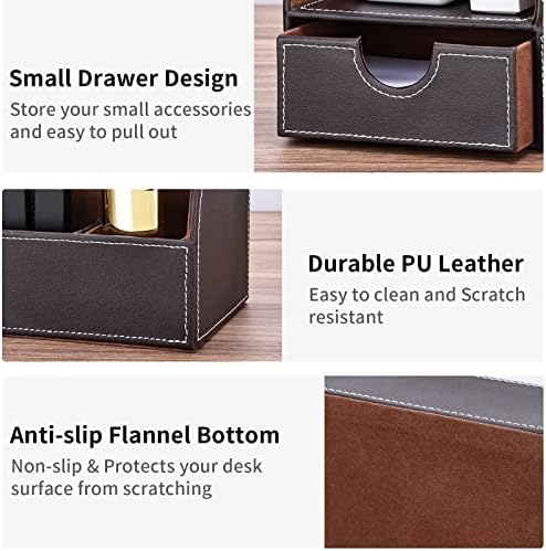 KINGFOM Pu Leather Desk Organizer Pen Pencil Holder Office Supplies Caddy Storage Box 6 Compartments with Drawer Brown - Image 3