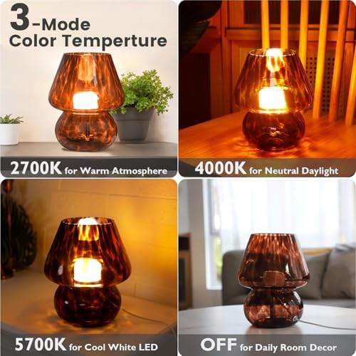 ULAROOM USB Plug-in Vintage Mushroom Lamp Small Bedside Table Lamp with 3 Temperature LED Bulb,Free Dimming Nights Light for Bedroom/Living Room/Entryway/Corner Decor New Home Gift (Golden Amber) - Image 3