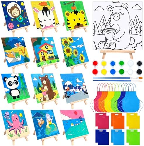 48PCS 12 Sets Printed Canvas Paint Art 12 Pcs Wooden Easel Set Paint Pots and Brushes and 12 Pre Drawn Canvas Panel 12 Pcs Mini Apron and Tote Bag for Kids(Cute) by SytuHete