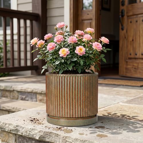 Ceramic Plant Pots, 10 Inch Planter with Tray, Retro Brown - Image 7