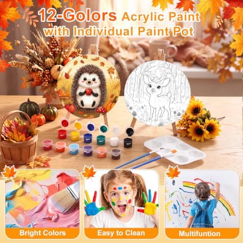 Supervitae 72 Piece Fall Round Pre Drawn Canvas Kit 5.9" Paint and Sip Kit for Adults Painting Party Pre Printed Canvas DIY with Pictures Paints Easels Brushes for Autumn Party Gifts - Image 4