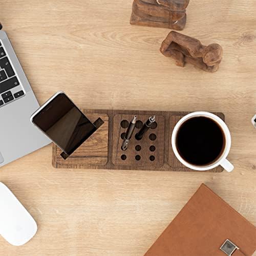 Vigo Wood 3-Compartment Desk Organizer, Vertical Phone Holder Stand, Pen Paperclip Note Storage for Home Office Accessories Small (Walnut) - Image 2