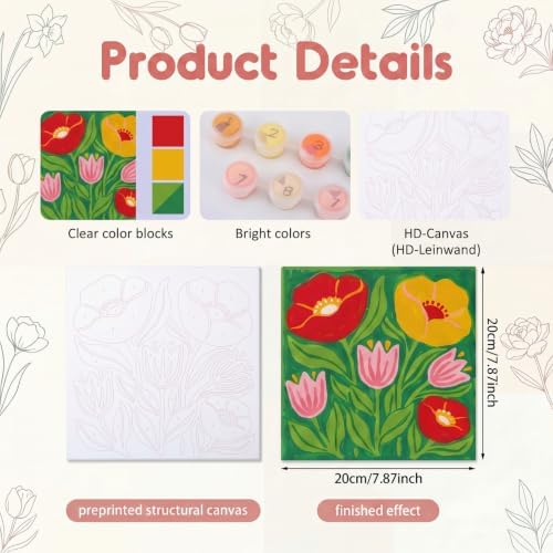 YooNotee 6 Pack Flowers Paint by Numbers Kit on Canvas with Wooden Easels & Brushes, 8x8 Inch Canvas Art Set for Adults DIY Flowers Acrylic Painting for Home Wall Decor - Image 4