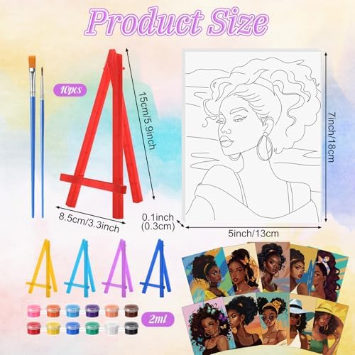 Blosssound 10 Set Pre Printed Canvas Pre Drawn Canvas Painting with Easel Kits 5" x 7" Outline Painting Panels for Beginners, DIY Craft Project, Home Decors(Black Women) - Image 3