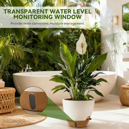 8/9/10 Inch Self Watering Pots, Plastic Flower Pots with Multi Mesh Drainage Holes and Water Level Indicator & Deep Reservoir for Indoor Outdoor Garden Plants and Flowers (White) - Image 5