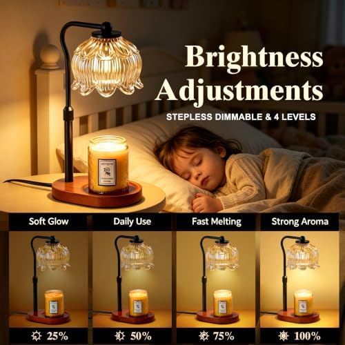 Briever Flower Candle Warmer Lamp, Adjustable Height Electric Candle Lamp with Timer & Dimmer, Wooden Base Wax Warmer, Christmas Birthday Housewarming Gifts for Women Mom, Walnut-Champagne - Image 3