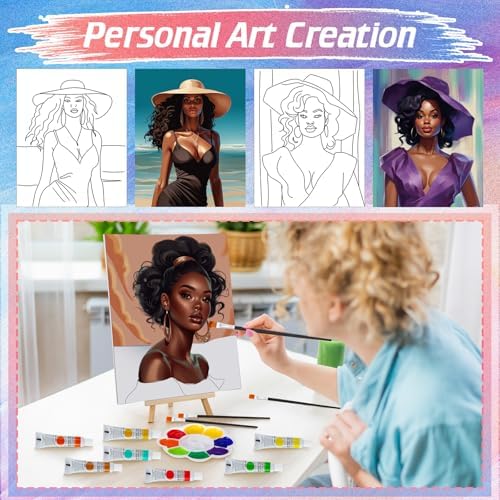 Zhanmai Afro Queen 88 Pcs 8 x 10 Inch Pre Drawn Canvas for Painting Kit Pre Stretched Canvas for Sip and Paint Party Favor Coloring DIY Virtual Party Birthday Gifts Adult's Date Night - Image 4