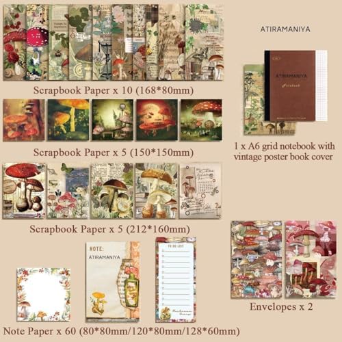 ATIRAMANIYA 346pcs Vintage Scrapbook Kit Aesthetic Junk Journal Set with Stickers, Washi Tape, A6 Notebook & Decorative Paper, All-in-One Scrapbook Kit Stationery (Mushroom) - Image 7