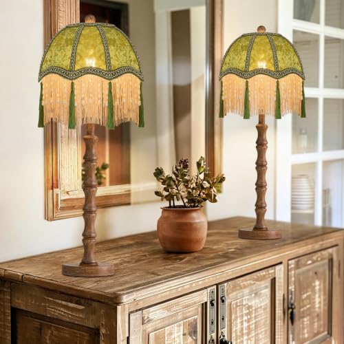 ILLMTW Vintage Table Lamp Set of 2,Flower Small Bedside Lamps Dimmable Bedroom Lamp with Fringe Green Shade,Boho Mid Century Retro Unique Tassel Nightstand Lamp for Bedroom Living Room Tiffany Decor - Image 6