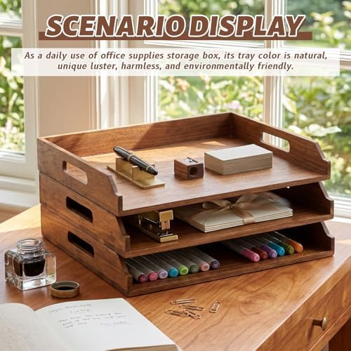 AceOrbit 3 Pcs Stackable Paper Tray Acacia Wood Desk Organizer Letter Tray - Image 4