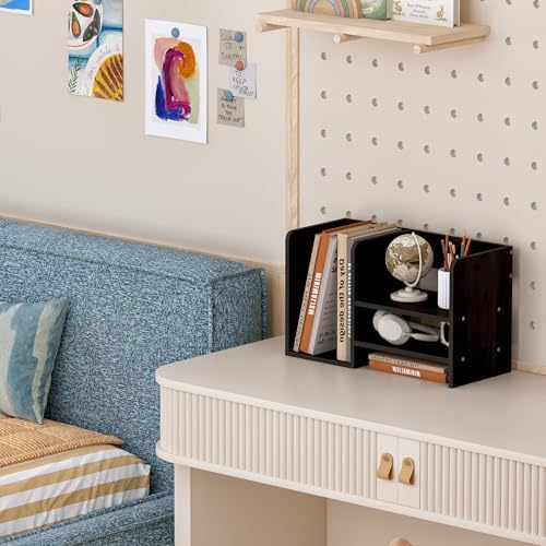 Wood Office Desk Organization with Three Storage Apartments, Desktop File Organizer Vertical with Storage, Desktop Storage Organizer for Office, Classroom, Dorm, Black - Image 4