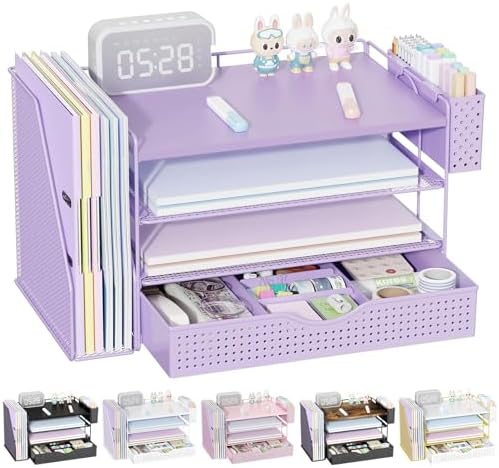 Wood Desk Organizers and Accessories with File Holder, 4-Tier Desk Accessories & Workspace Organizers with Drawer and Pen Holder, Desk Reference Organizer (Purple, 4T with Drawer) by gianotter
