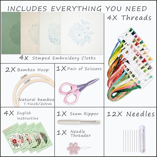 Bonroy Embroidery Kit for Beginners with Instructions,Cross Stitch Kits for Adults with Pattern,Needlepoint Kits for Adult Include Embroidery Cloth Hoops Needles Threads (flowers5) - Image 3
