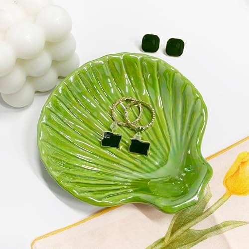 Trinket Dish Shell, Ceramic Jewelry Dish Seashell, Seashell Shape Jewelry Holder Plate for Rings Earrings Necklaces Bracelet, Decorative Tray for Mom Friend Sister, 3.9", Green Iridescent Surface - Image 4