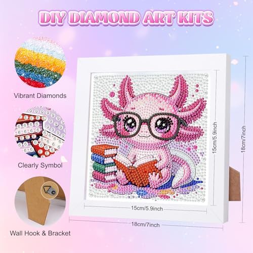 GHHKUD Cute Axolotl Diamond Art Painting Kits for Adults with Frame, Diamond Art Salamander Crafts for Ages 4-6-8-12, Easy to DIY Gem Painting Gifts Home Wall Decor 15x15cm - Image 2
