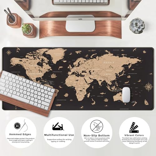 World Map Desk Mat Historical World Map Desk Pad Extra Large Computer Mouse Pad XL Black Topographic Mousepad Keyboard Pad for Desk Gaming Computer Laptop Office Non-Slip Desk Pad 31.5x11.8 in - Image 5