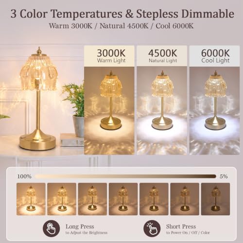 Cordless Table Lamp, Rechargeable Gold Glass Flower Lamp - Image 3