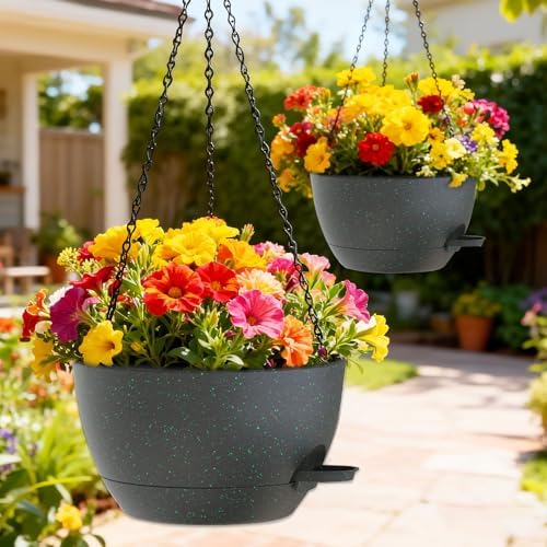 10 Inch Hanging Baskets 2 PC with Chains, Self-Watering Hanging Planters for Indoor Outdoor Plants, Plastic Hanging Flower Pots,Black with Green Speckles - Image 7