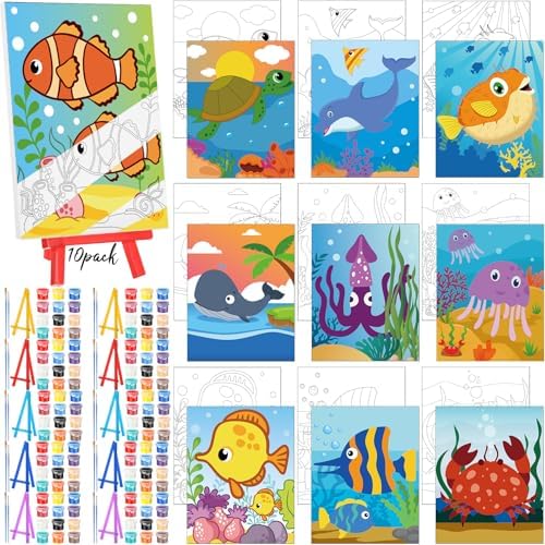 Blosssound 10 Set Pre Printed Canvas Pre Drawn Canvas Painting with Easel Kits 5" x 7" Outline Painting Panels for Beginners, DIY Craft Project, Home Decors(Ocean) by Blosssound