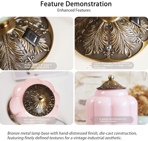 Vintage Pink Milk Glass Touch Bedside Lamp, 3-Way Dimmer, USB-C+A - Image 3