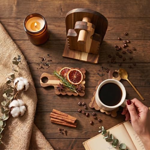 Scalloped Acacia Wood Coasters Set of 4 with Holder, Decorative Wooden Drink Coasters for Coffee Table, Farmhouse Cottagecore Kitchen Decor, Housewarming Gift - Image 2