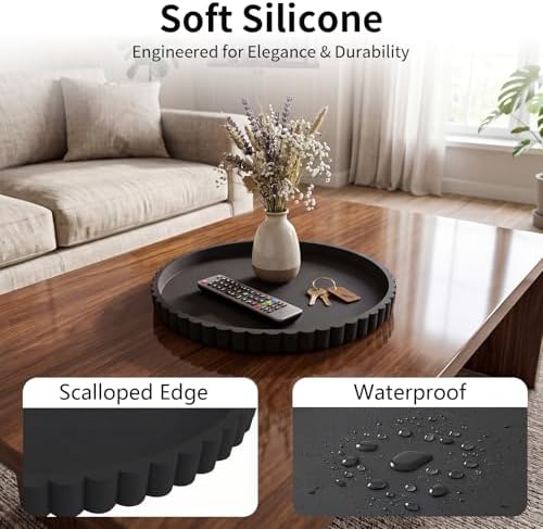 Silicone Bathroom Vanity Trays for Counter - 9.1 Inch Round Small Bathroom Tray with Scalloped Edge Vanity Organizer, Coffee Table Decor, Decorative Tray for Candle Key Skincare Perfume Storage, Black - Image 3
